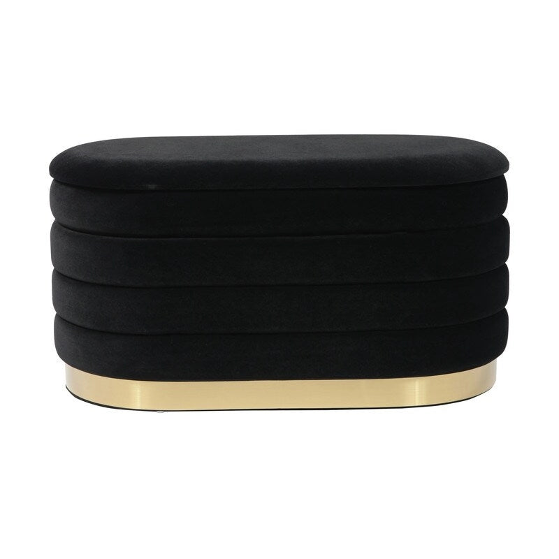 Banc de rangement en velours noir / crème / rose poudré – capitonné, base dorée, 1 place