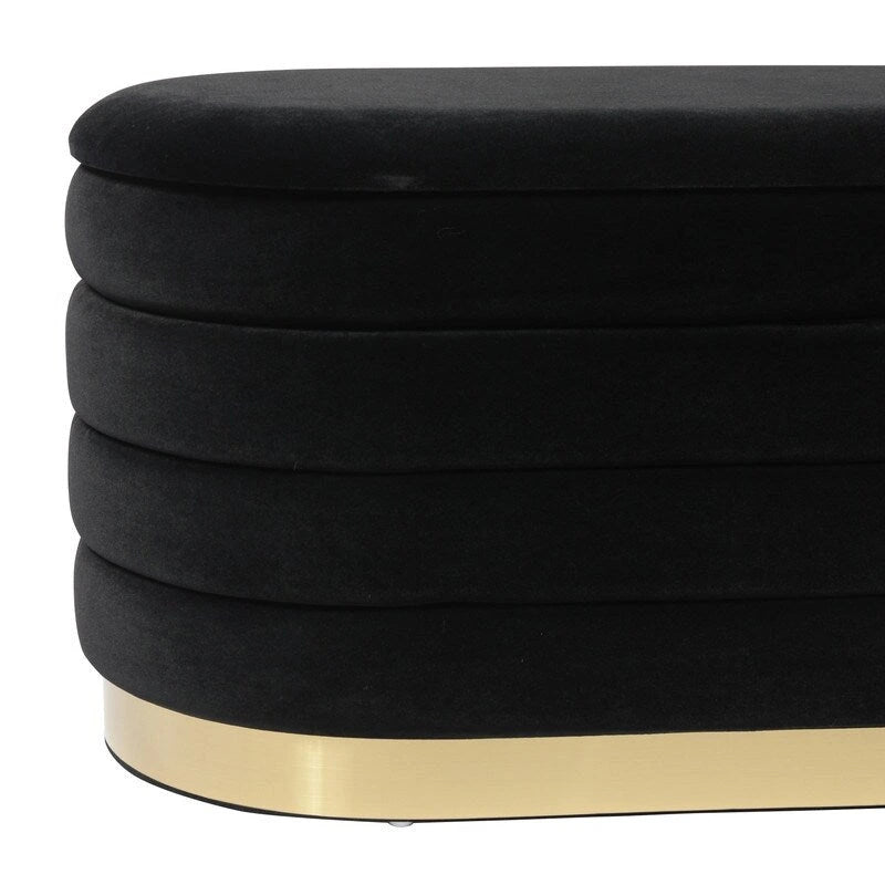 Banc de rangement en velours noir / crème / rose poudré – capitonné, base dorée, 1 place