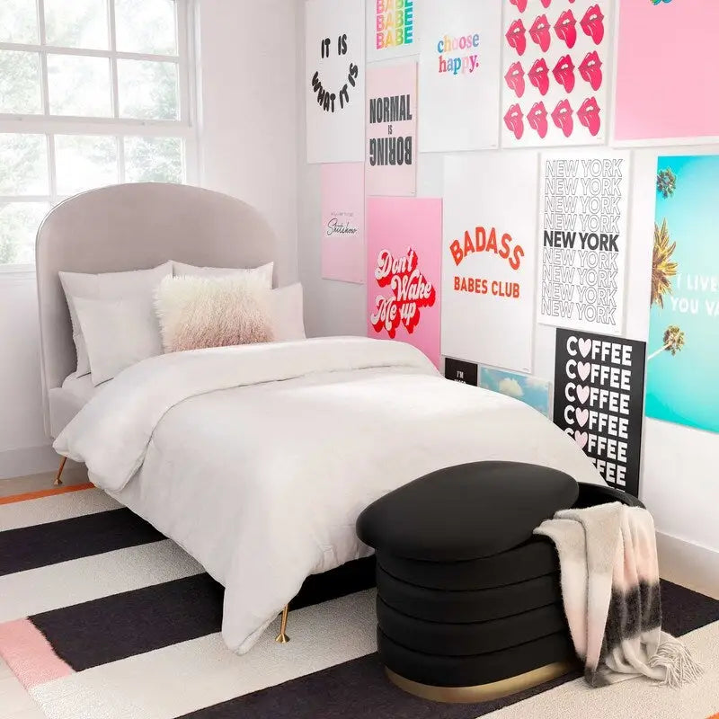 Banc de rangement en velours noir / crème / rose poudré – capitonné, base dorée, 1 place