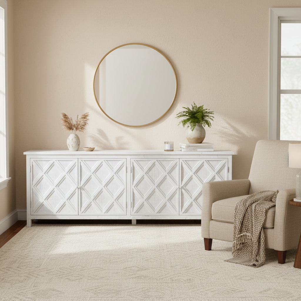 Kendra 94 Reclaimed Pine White Washed Painted Carved Sideboard