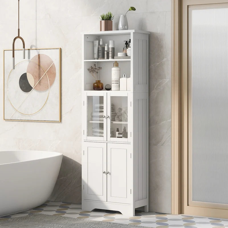 Meuble de rangement haut blanc pour salle de bain avec étagères et portes pour cuisine et salon - 23W x64H
