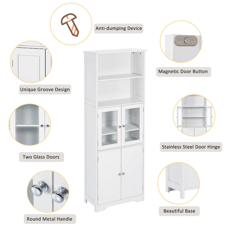 Meuble de rangement haut blanc pour salle de bain avec étagères et portes pour cuisine et salon - 23W x64H