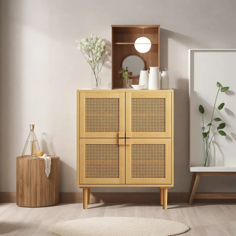 Meuble de rangement en rotin à 4 portes, buffet avec huit espaces de rangement