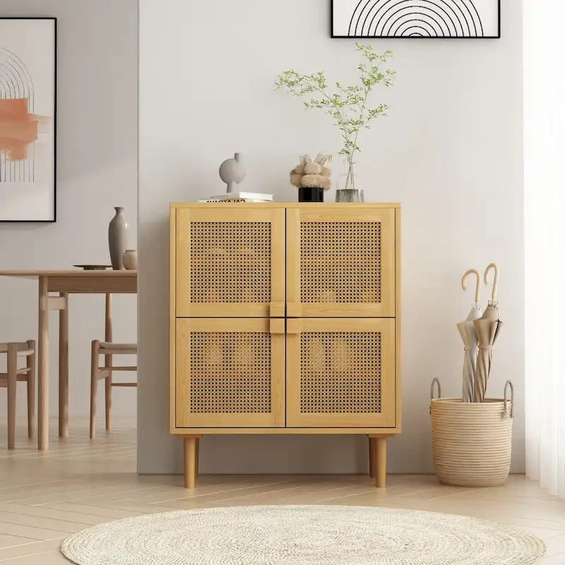 Meuble de rangement en rotin à 4 portes, buffet avec huit espaces de rangement