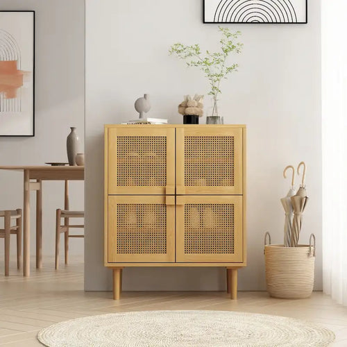 Meuble de rangement en rotin à 4 portes, buffet avec huit espaces de rangement