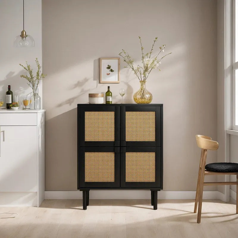 Meuble de rangement en rotin à 4 portes, buffet avec huit espaces de rangement