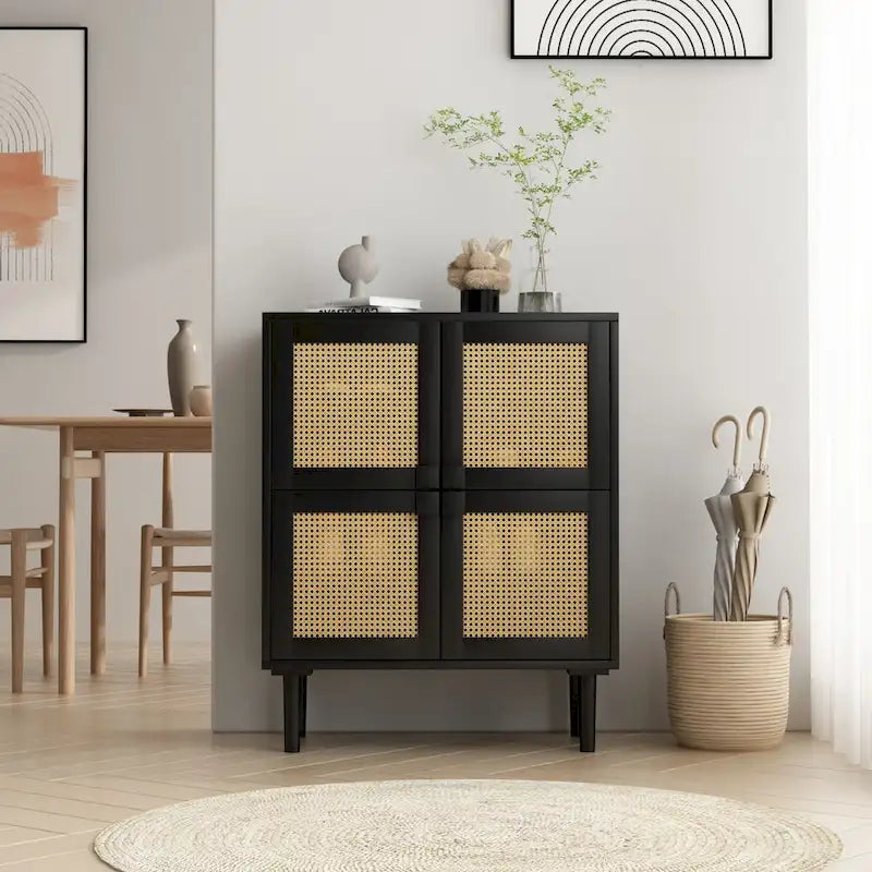 Meuble de rangement en rotin à 4 portes, buffet avec huit espaces de rangement