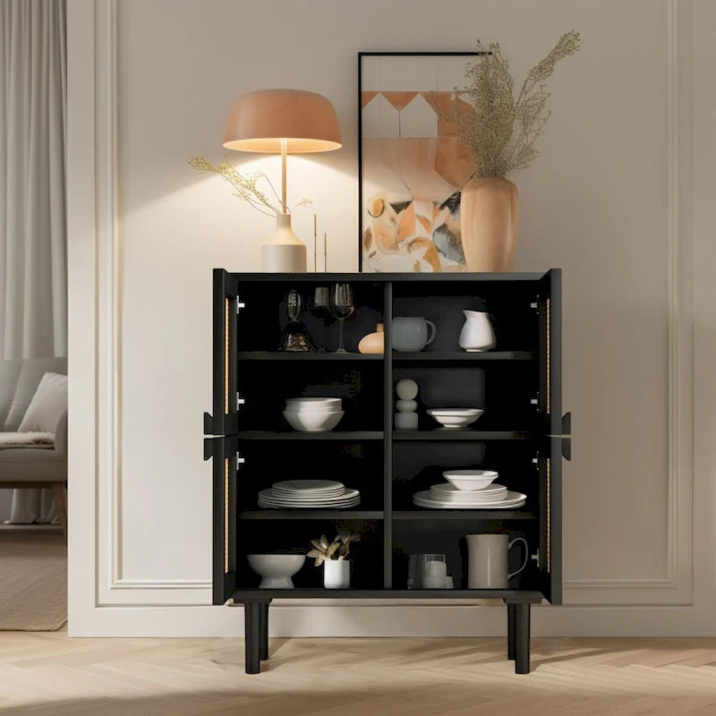 Meuble de rangement en rotin à 4 portes, buffet avec huit espaces de rangement