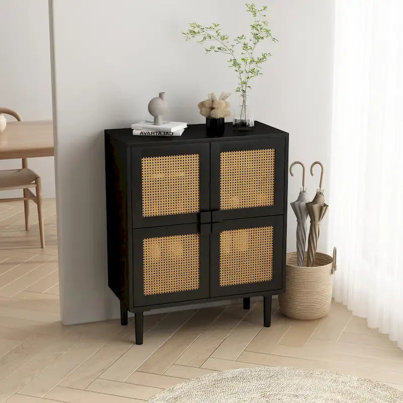 Meuble de rangement en rotin à 4 portes, buffet avec huit espaces de rangement