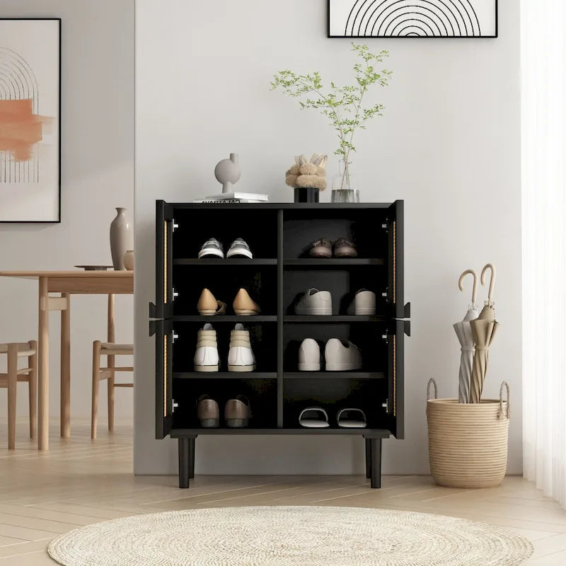 Meuble de rangement en rotin à 4 portes, buffet avec huit espaces de rangement