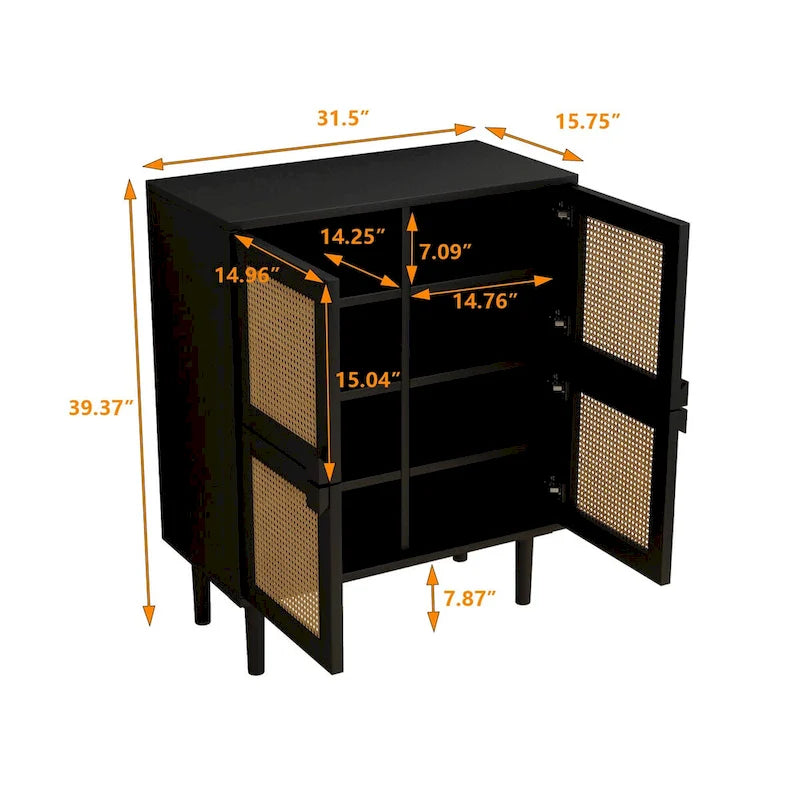 Meuble de rangement en rotin à 4 portes, buffet avec huit espaces de rangement