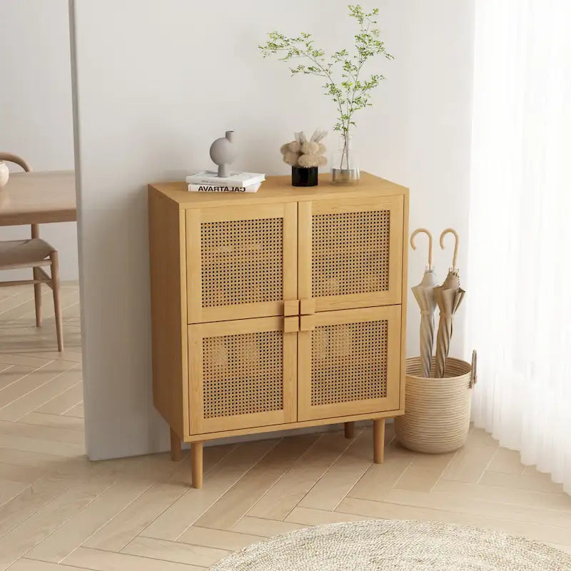 Meuble de rangement en rotin à 4 portes, buffet avec huit espaces de rangement