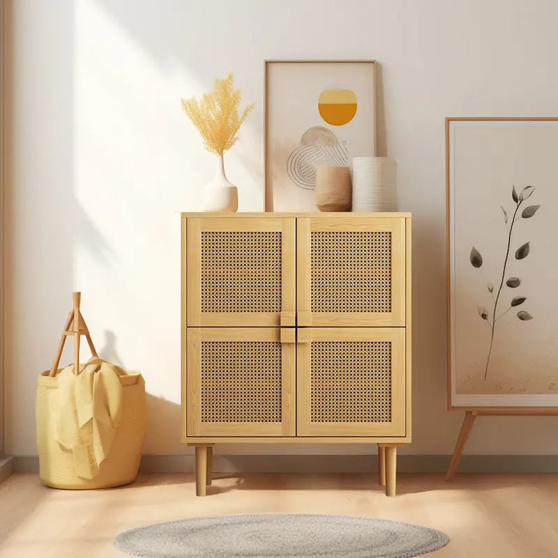 Meuble de rangement en rotin à 4 portes, buffet avec huit espaces de rangement