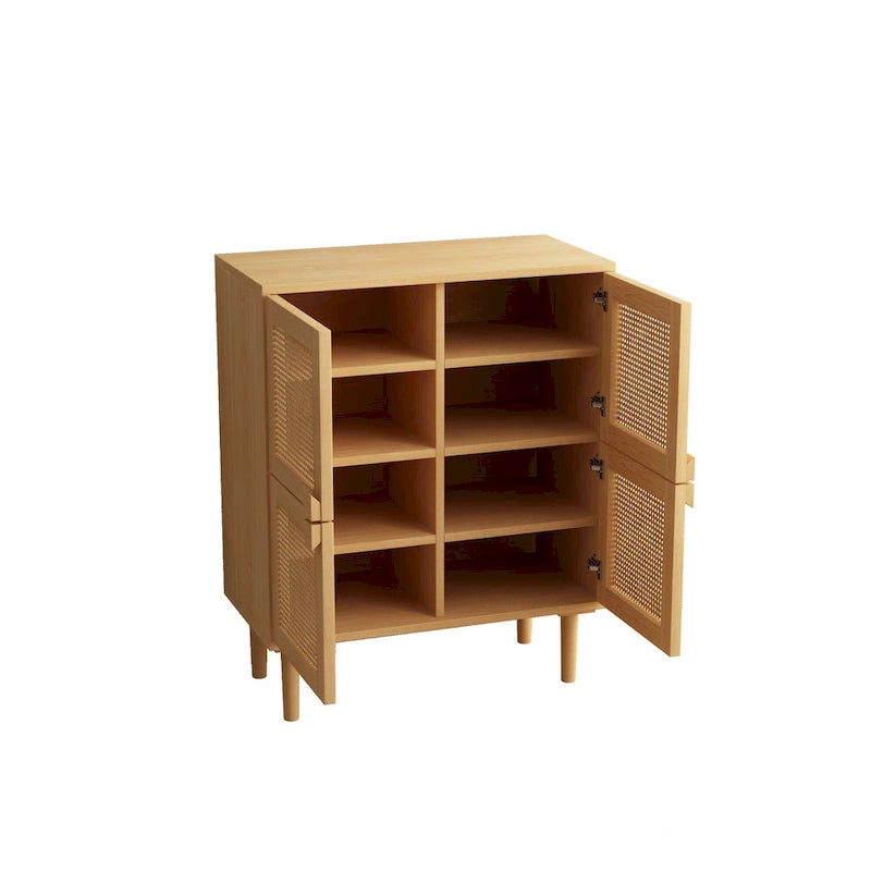 Meuble de rangement en rotin à 4 portes, buffet avec huit espaces de rangement
