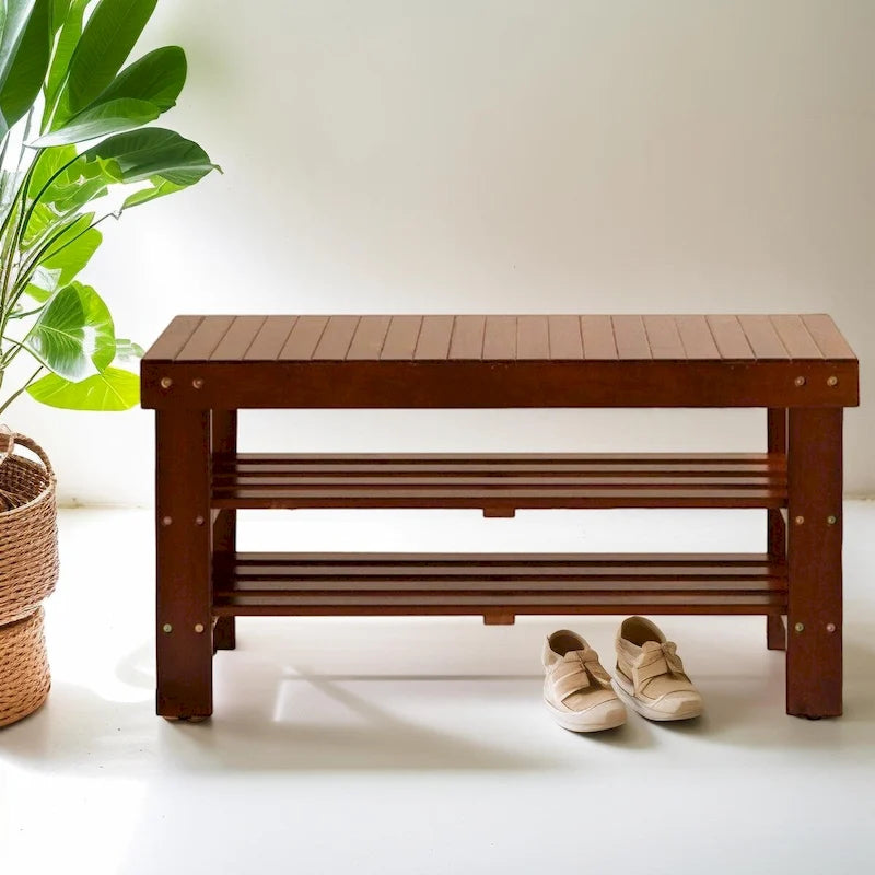 Banc à chaussures en bois massif de qualité, finition merisier