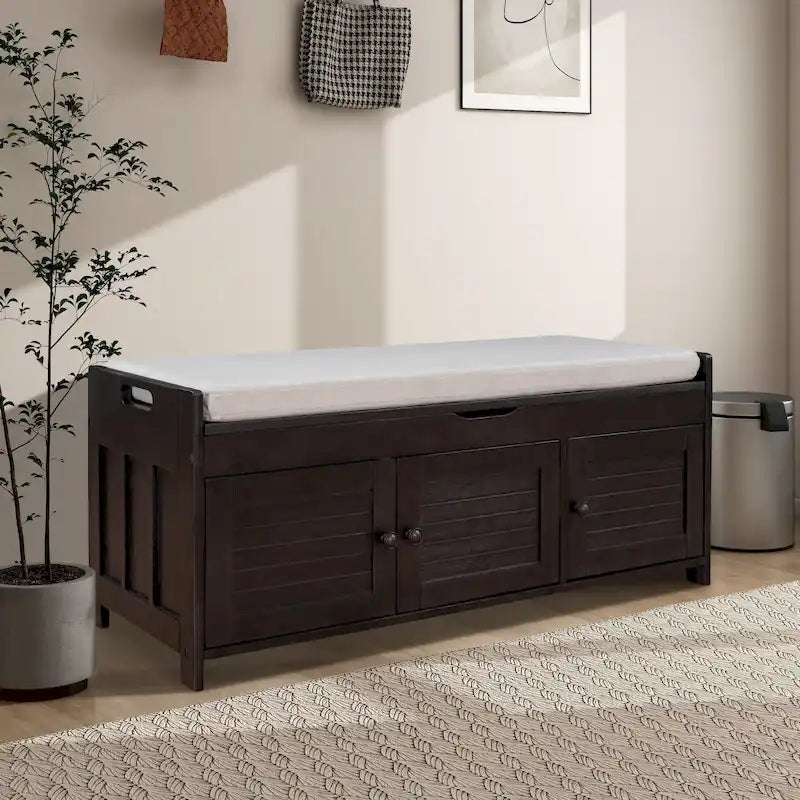 Banc de rangement de 43,5 po avec coussin en mélange de lin