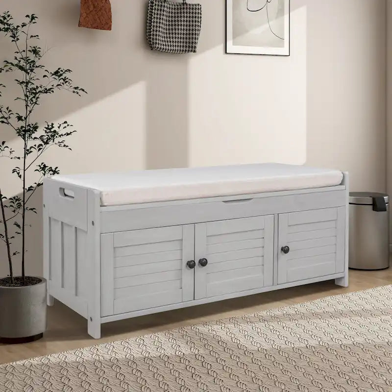 Banc de rangement de 43,5 po avec coussin en mélange de lin
