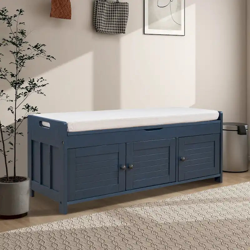 Banc de rangement de 43,5 po avec coussin en mélange de lin