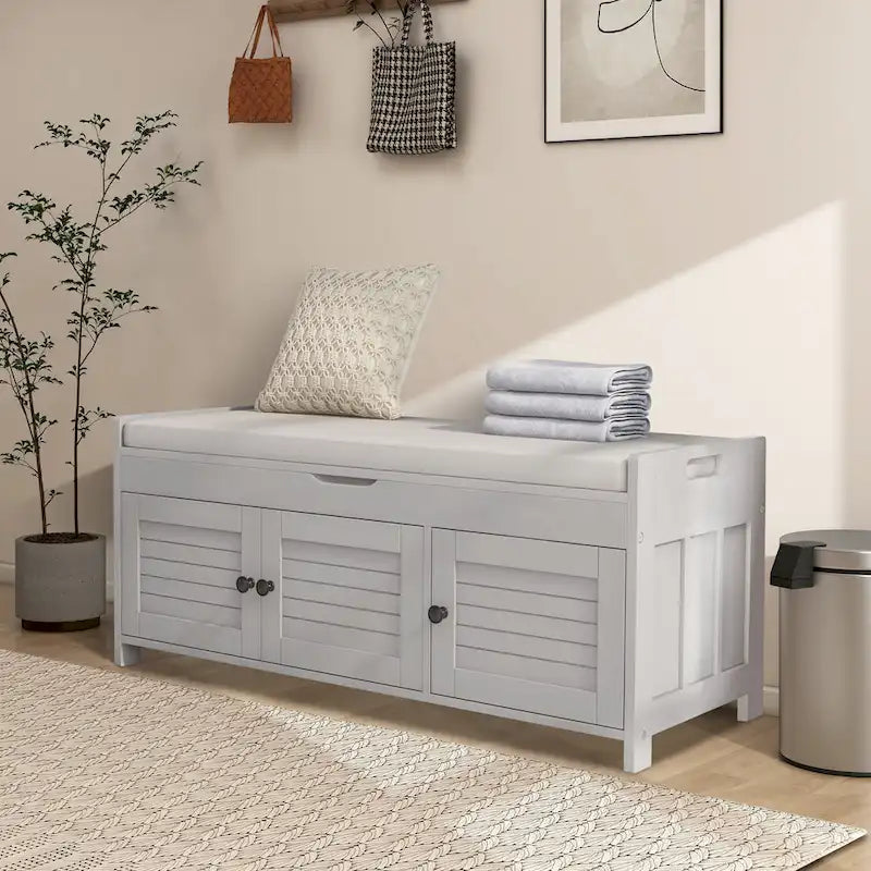 Banc de rangement de 43,5 po avec coussin en mélange de lin