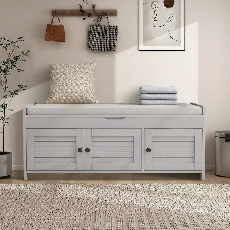 Banc de rangement de 43,5 po avec coussin en mélange de lin