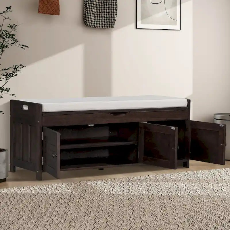 Banc de rangement de 43,5 po avec coussin en mélange de lin