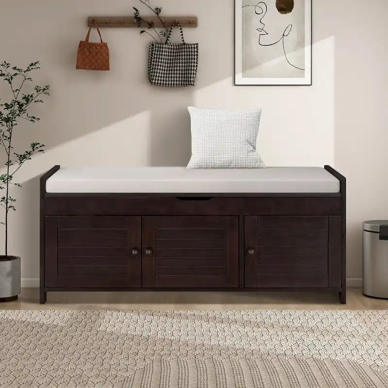 Banc de rangement de 43,5 po avec coussin en mélange de lin