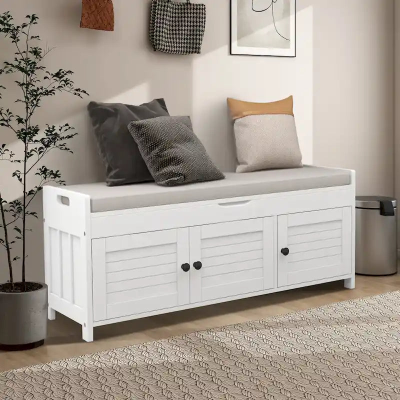 Banc de rangement de 43,5 po avec coussin en mélange de lin