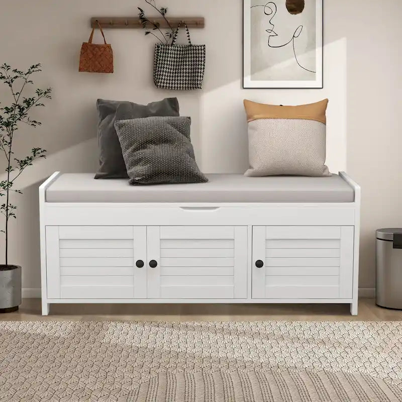 Banc de rangement de 43,5 po avec coussin en mélange de lin