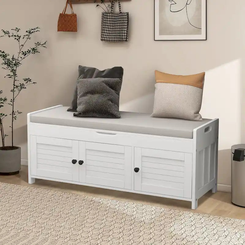 Banc de rangement de 43,5 po avec coussin en mélange de lin