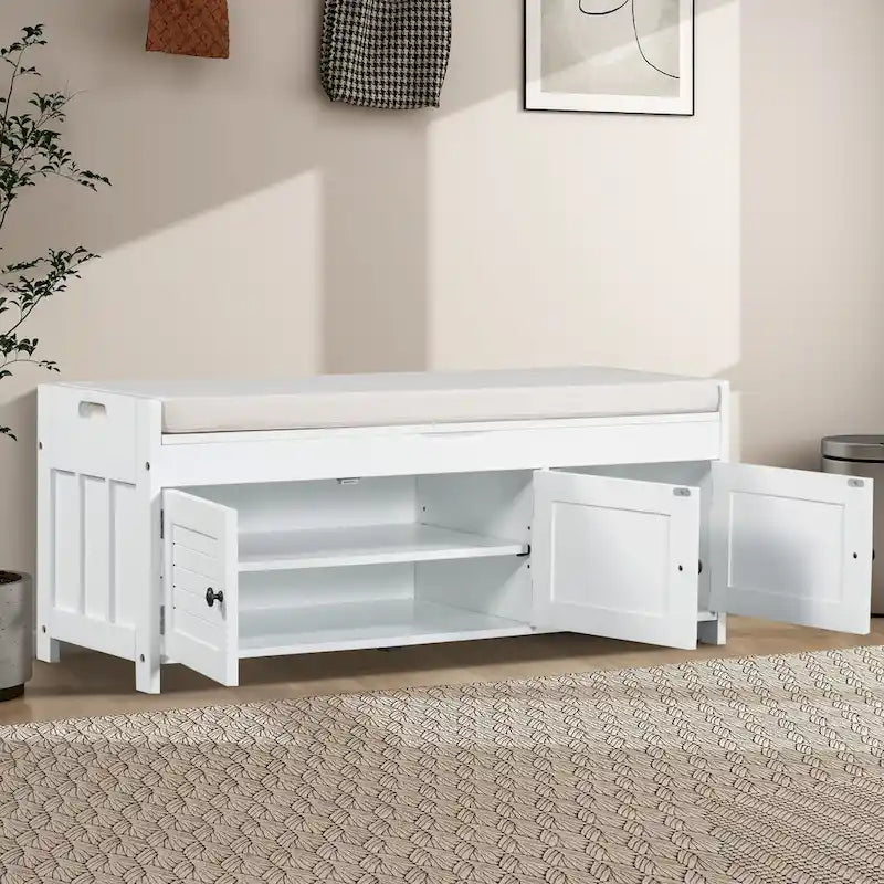 Banc de rangement de 43,5 po avec coussin en mélange de lin