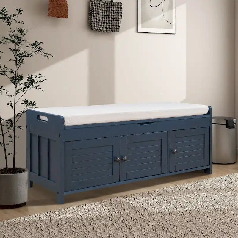 Banc de rangement de 43,5 po avec coussin en mélange de lin