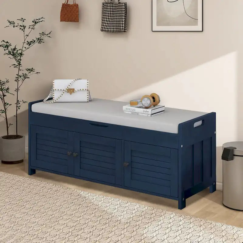 Banc de rangement de 43,5 po avec coussin en mélange de lin
