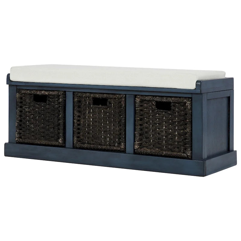 Banc d'entrée avec 3 paniers classiques en rotin amovibles - 43,7L x 15,7W x 17H