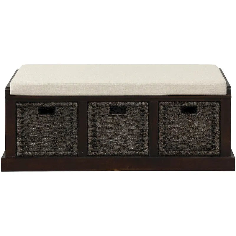 Banc d'entrée avec 3 paniers classiques en rotin amovibles - 43,7L x 15,7W x 17H