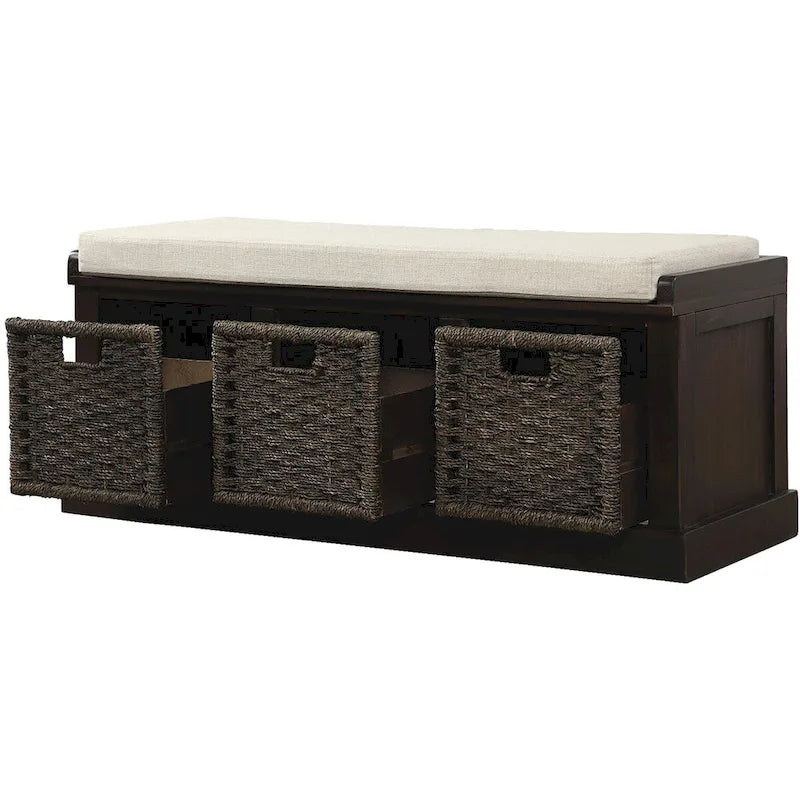 Banc d'entrée avec 3 paniers classiques en rotin amovibles - 43,7L x 15,7W x 17H