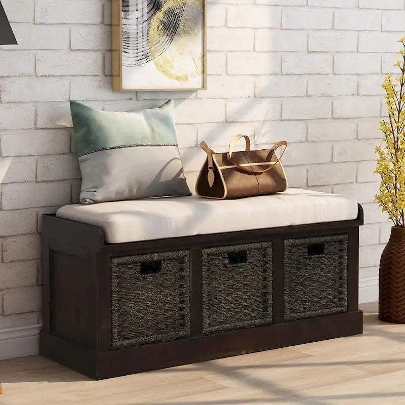 Banc d'entrée avec 3 paniers classiques en rotin amovibles - 43,7L x 15,7W x 17H