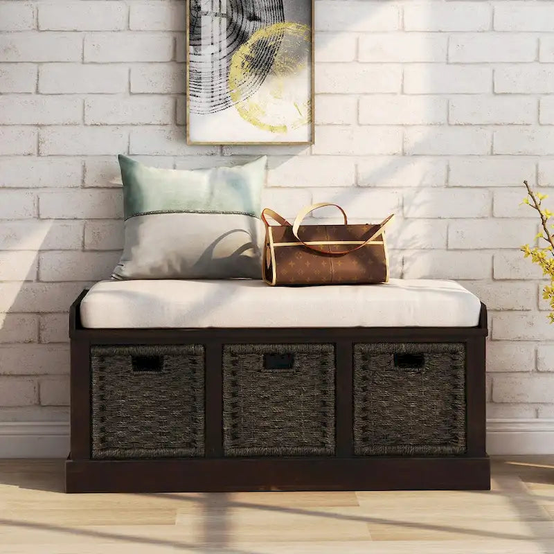 Banc d'entrée avec 3 paniers classiques en rotin amovibles - 43,7L x 15,7W x 17H