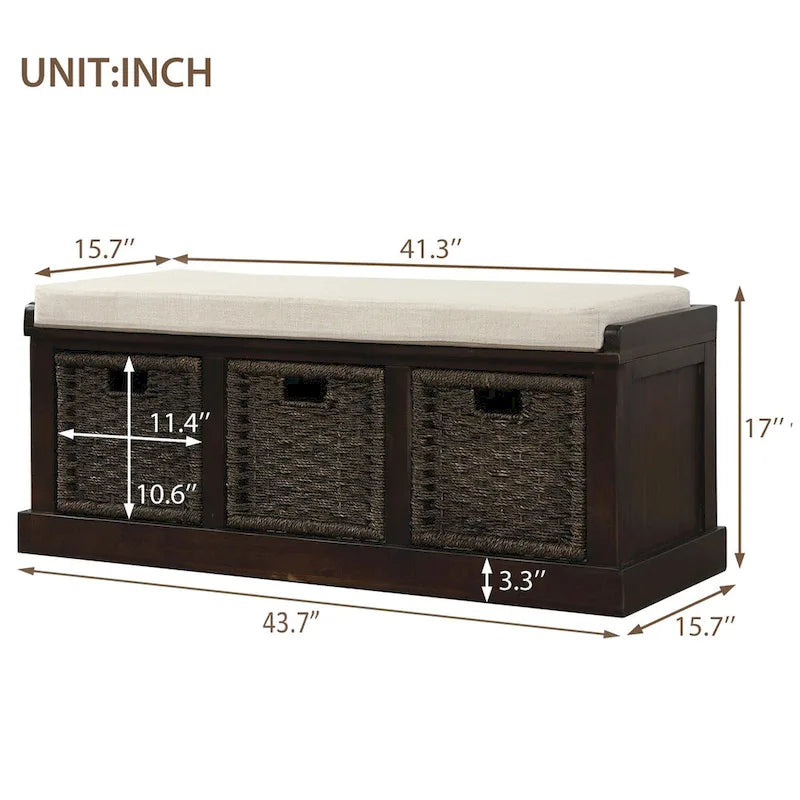 Banc d'entrée avec 3 paniers classiques en rotin amovibles - 43,7L x 15,7W x 17H