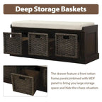 Banc d'entrée avec 3 paniers classiques en rotin amovibles - 43,7L x 15,7W x 17H