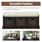 Banc d'entrée avec 3 paniers classiques en rotin amovibles - 43,7L x 15,7W x 17H