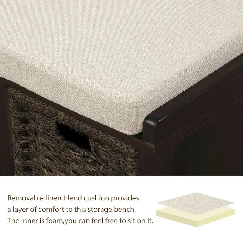 Banc d'entrée avec 3 paniers classiques en rotin amovibles - 43,7L x 15,7W x 17H