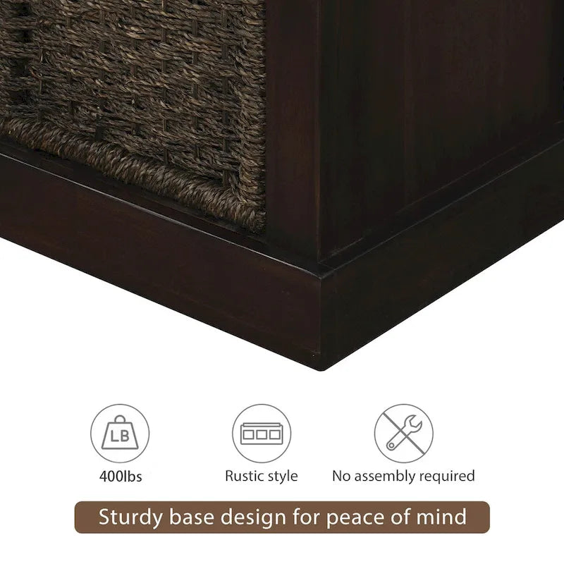 Banc d'entrée avec 3 paniers classiques en rotin amovibles - 43,7L x 15,7W x 17H