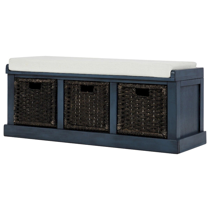 Banc d'entrée avec 3 paniers classiques en rotin amovibles - 43,7L x 15,7W x 17H