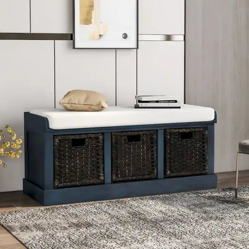Banc d'entrée avec 3 paniers classiques en rotin amovibles - 43,7L x 15,7W x 17H