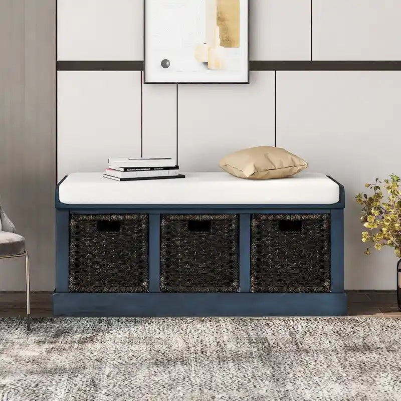 Banc d'entrée avec 3 paniers classiques en rotin amovibles - 43,7L x 15,7W x 17H