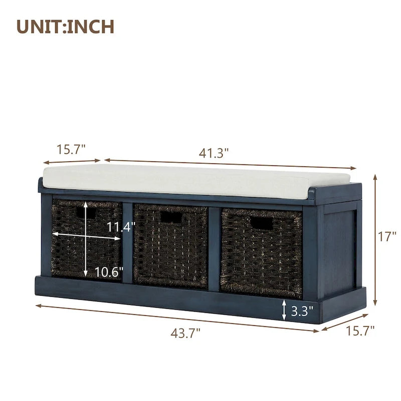 Banc d'entrée avec 3 paniers classiques en rotin amovibles - 43,7L x 15,7W x 17H