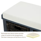 Banc d'entrée avec 3 paniers classiques en rotin amovibles - 43,7L x 15,7W x 17H