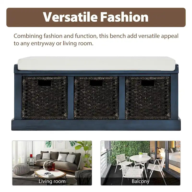 Banc d'entrée avec 3 paniers classiques en rotin amovibles - 43,7L x 15,7W x 17H