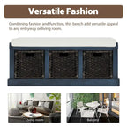 Banc d'entrée avec 3 paniers classiques en rotin amovibles - 43,7L x 15,7W x 17H