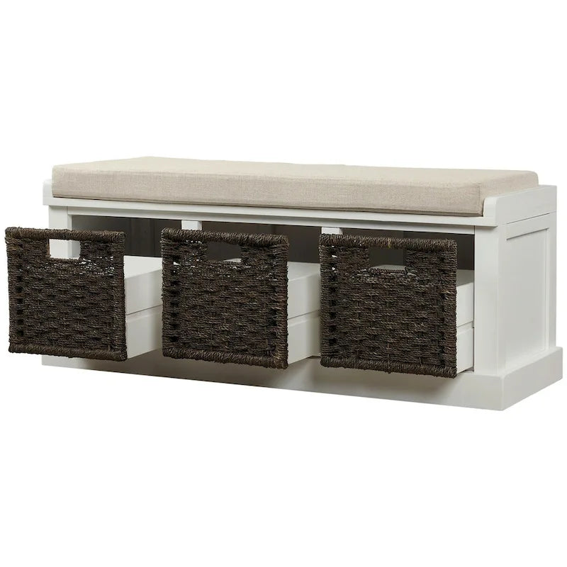 Banc d'entrée avec 3 paniers classiques en rotin amovibles - 43,7L x 15,7W x 17H